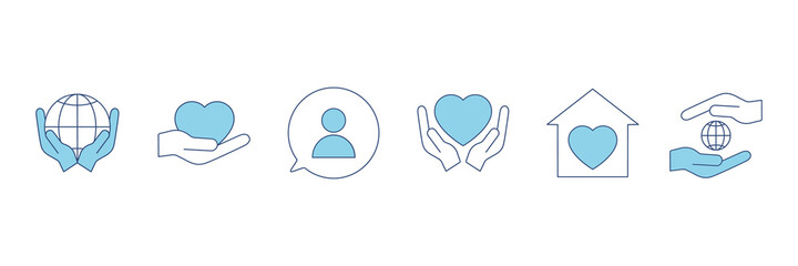 Voluntary, charity, donation set icons. Orphans and help, voluntary activity, heart in hands vector stock illustration isolated on white background.