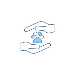 Animals help blue vector illustration isolated on white background. Animal footprint, trace in hands. Voluntary, charity, donation icon.