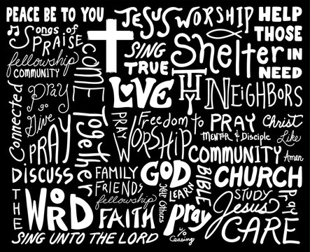 Religious word cloud art for church bulletins or projects about Jesus and God, hand written white font with prayer, faith and fellowship words for the community, and cross shape vector