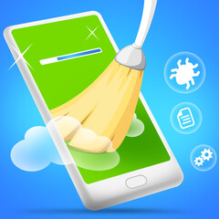 Mobile cleaning green blue Phone cleaning. a broom sweeps trash out of the phone. smartphone on a blue background © vitalik123456