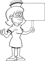 Black and white illustration of a nurse wearing a mask while holding a sign.