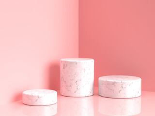 3D abstract render.Empty white marble podium on pastel pink color background.Pink platform for product display interior podium place with empty for awards ceremony use for Recommend products