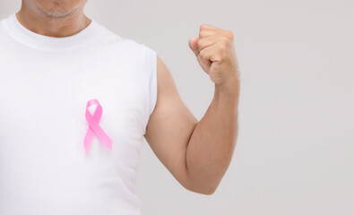 Breast cancer in men concept : Portrait Asian man and pink ribbon the symbol of breast cancer...