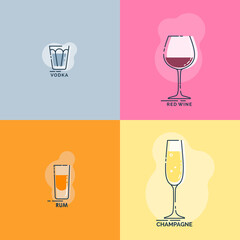 Shot vodka, rum and wineglass red wine, champagne line art in flat style. Restaurant alcoholic illustration for celebration design. Beverage outline icon. Isolated contour object on color backdrop