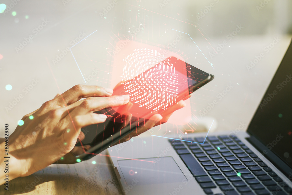 Aufkleber multi exposure of abstract fingerprint scan interface and hand working with a digital tablet on back