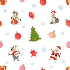 Seamless pattern with New Year symbols. Ornament with christmas tree, bulls, balls and gift boxes.