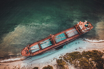 abandoned cargo ship on the black sea coast taken during the day from a quadrocopter