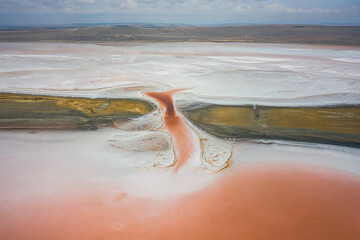 Pink lake on the Crimean Peninsula taken during the day from a quadrocopter