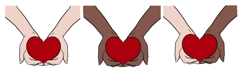 Isolated banner on a white background is a collage of hands of people with different skin colors holding a red heart: tolerance, friendship and interracial peace, St. Valentine's day