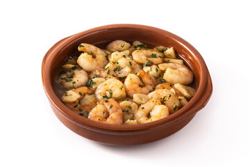 Garlic prawns in crock pot isolated on white background