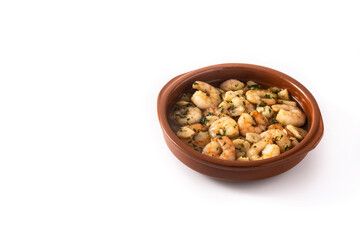 Garlic prawns in crock pot isolated on white background.Copy space