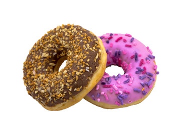 Pink and brown doughnut. Chocolate and berry doughnut. Strawberry and raspberry doughnuts.