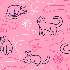 Seamless pattern line art of cute cats playing with a ball of thread. Contour drawing of cute funny cats. Cute kitten vector. Flat vector illustration.