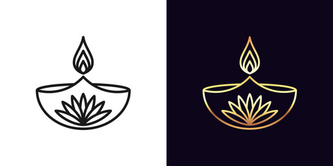 Outline diya icon with editable stroke. Linear golden Diya lamp with fire and lotus flower, Deepavali