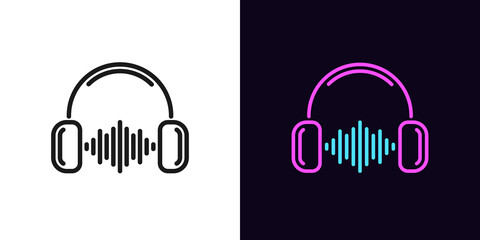 Outline music wave icon with editable stroke. Linear headphones with sound wave, DJ soundtrack