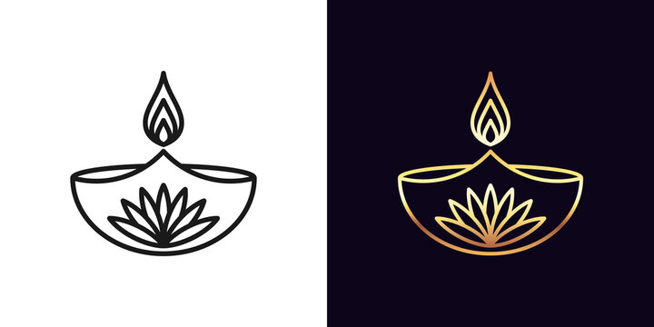 Outline diya icon with editable stroke. Linear golden Diya lamp with fire and lotus flower, Deepavali