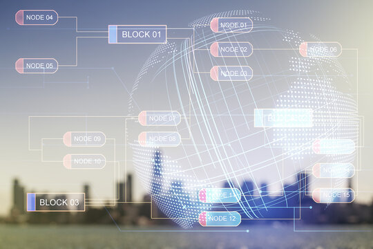 Abstract virtual coding concept and world map hologram on blurry skyline background. Multiexposure