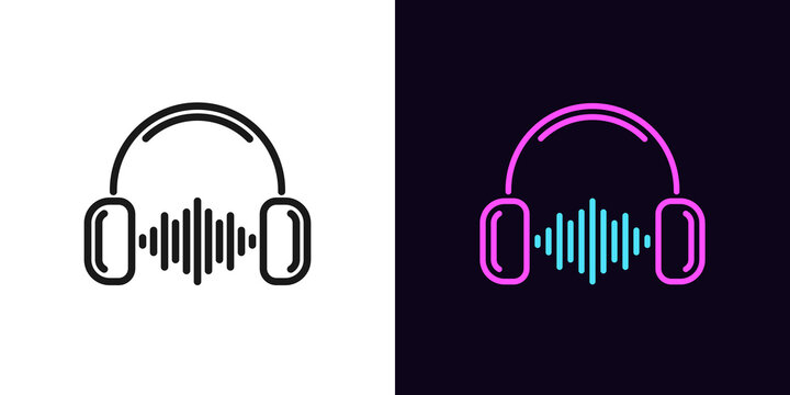 Outline Music Wave Icon With Editable Stroke. Linear Headphones With Sound Wave, DJ Soundtrack