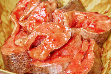 Fresh fish slices with teriyaki sauce for marinade