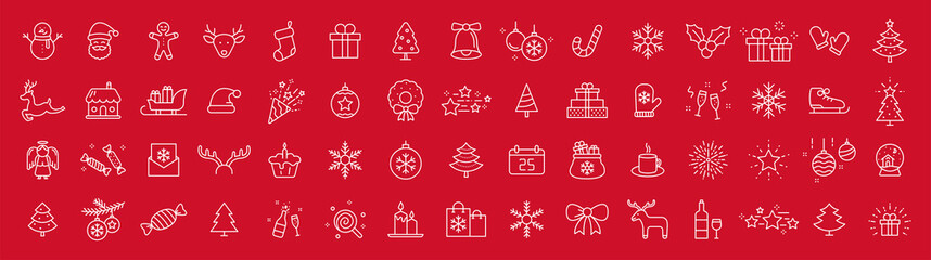 Fototapeta na wymiar Set of 60 Christmas icons. Merry Christmas and Happy New Year. Collection xmas icons. Winter, santa, tree, presents, snowflakes, holiday. Vector illustration.