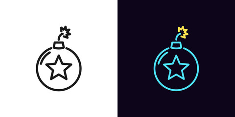 Outline bomb icon with editable stroke. Linear bomb sign with star, explosive rating