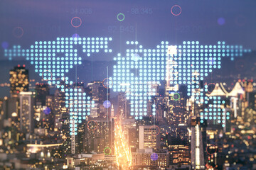 Double exposure of abstract digital world map on San Francisco city skyscrapers background, research and strategy concept