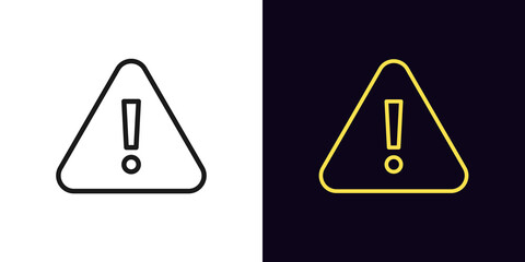 Outline warning icon. Glowing neon warning sign, exclamation mark with editable stroke