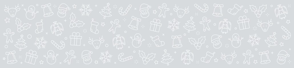 Christmas background. Merry Christmas and Happy New Year. Collection xmas icons. Winter, santa, tree, presents, snowflakes, holiday. Vector illustration.