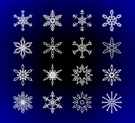 Fototapeta na wymiar Set of artistic frozen snowflake silhouettes for Xmas celebration. Sign or emblem of the snow for Christmas holidays greeting cards and winter sale banners.