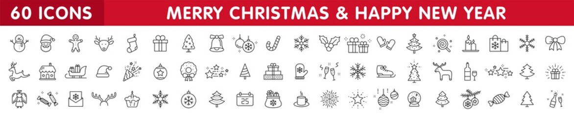 Fototapeta na wymiar Set of 60 Christmas icons. Merry Christmas and Happy New Year. Collection xmas icons. Winter, santa, tree, presents, snowflakes, holiday. Vector illustration.