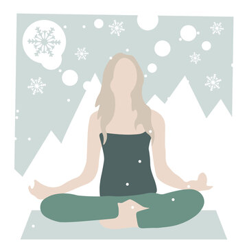 Meditating woman with calm though bubbles, winter background with snow flakes. Concept of meditation exercise, spiritual practice, calmness. Vector illustration.