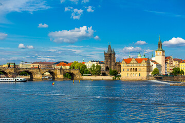 The landscape of the city of Prague view from the Vltava river on the ancient architecture of the...