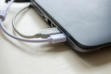 Laptop with USB Type-C adapter with pluged USB cables and SD card. The USB adapter under the Type-C connector for laptop. Multiport station for laptop with multiple different ports. Hub Converter.