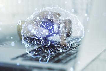 Creative artificial Intelligence concept with human brain sketch and hands typing on computer keyboard on background. Double exposure