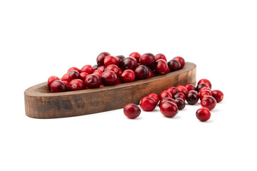 Cranberries in wooden bowl isolated on white background
