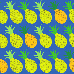 Exotic fruits, hand drawn overlapping background. Colorful tropical wallpaper vector. Seamless pattern with pineapples. Decorative colored illustration, good for printing
