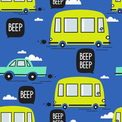 Cars, buses, hand drawn backdrop. Colorful seamless pattern with transport. Decorative cute wallpaper, good for printing. Overlapping colored background vector