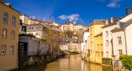 Fototapeta na wymiar Amazing beautiful canal in the picturesque Grund neighborhood in Luxembourg-City, Luxembourg