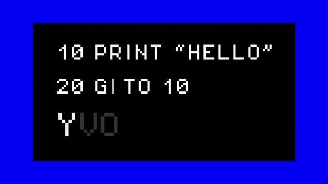 Decoding a fake computer program with a print and a goto command (retrocomputing), with colorful moving side bars. 8-bit retro font, white text on a black background.
