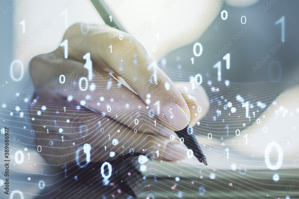 Leinwandbilder creative abstract binary code hologram and woman hand writing in diary on background, ai and machine