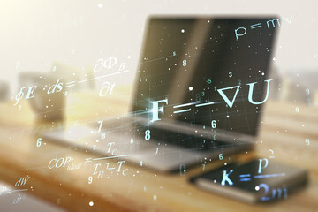 Creative scientific formula concept and modern desktop with computer on background. Multiexposure