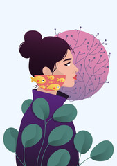Beautiful woman with fishes. Hand drawn vector illustration.