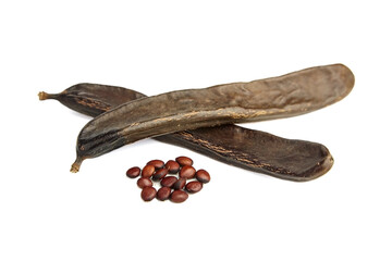 Dried carob pod with seeds isolated on white background.