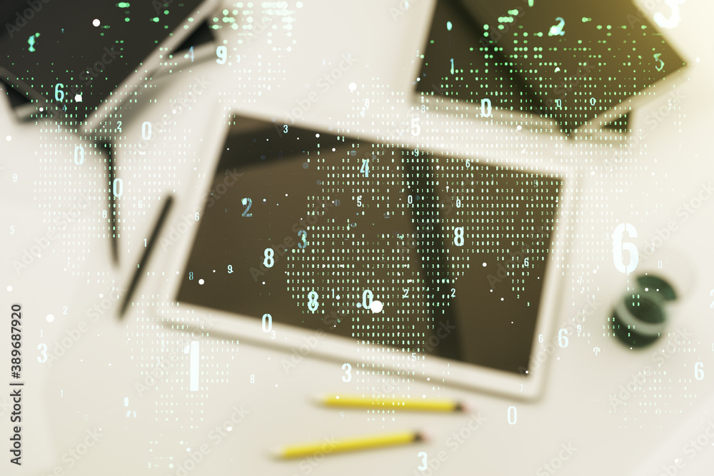 Aufkleber double exposure of abstract programming language hologram with world map and digital tablet on backg