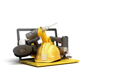 online calculation of construction costs building supplies fly out from laptop with a blank screen 3d render on white