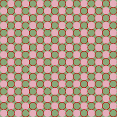 Plain 2d background made of symmetrically arranged pink circles on green background