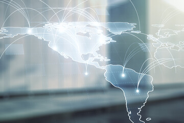 Double exposure of abstract digital world map hologram with connections on contemporary business center exterior background, big data and blockchain concept