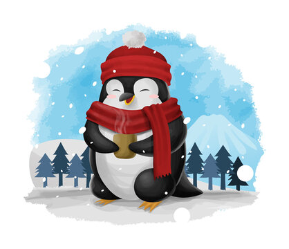 Cute Chubby Penguin Smiling in Snowy Weather Holding Cup of Hot Chocolate Winter Illustration