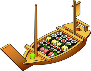 A selection of sushi in a wooden boat platter. A selection of seaweed maki rolls. © Zern Liew