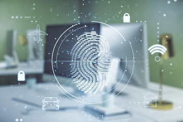 Obraz premium Multi exposure of creative fingerprint hologram on laptop background, personal biometric data concept